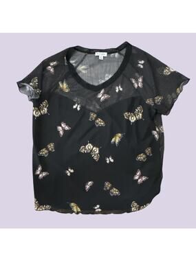 Love Fire Black Butterfly Print Sheer Mesh Top Y2K Grunge Aesthetic Small